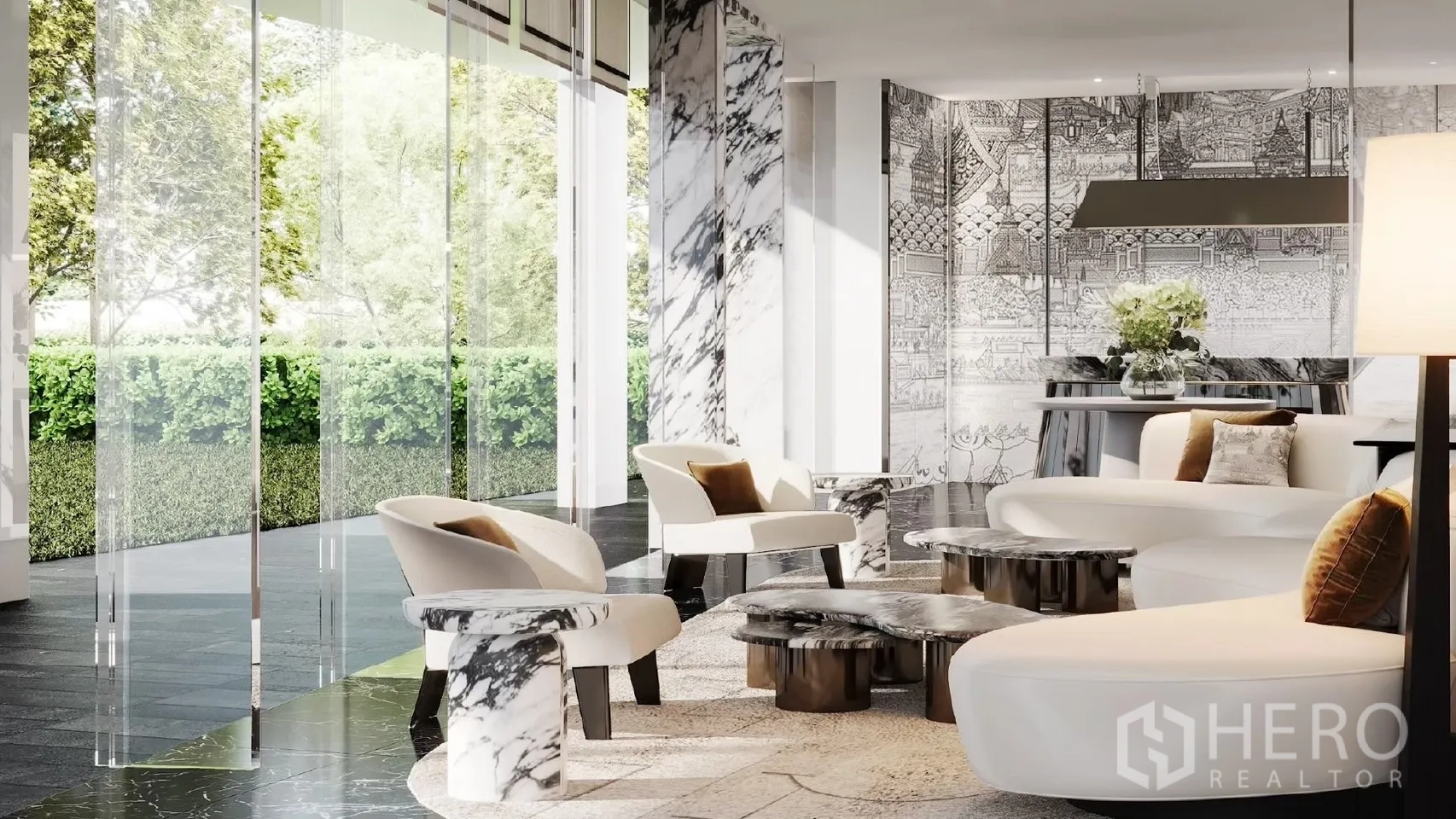 Condominium for rent - Luxurious lobby lounge with marble finishes, designer sofas, and garden views through glass walls.