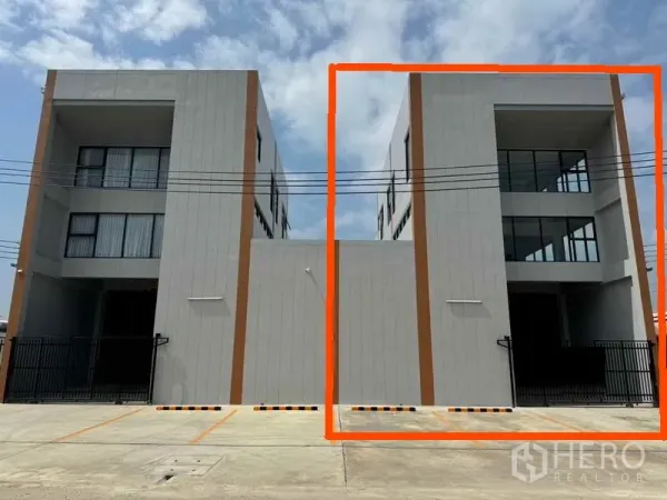 Factory for rent or sale in Bang Bua Thong, Nonthaburi - Twin factory buildings front view with the right unit highlighted.