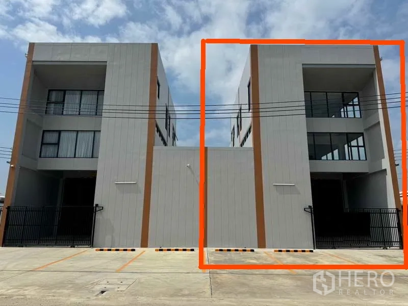 Factory for rent or sale in Bang Bua Thong, Nonthaburi - Twin factory buildings front view with the right unit highlighted.