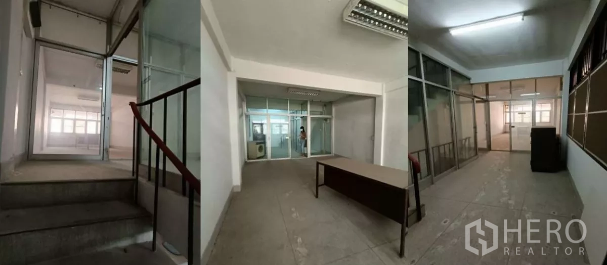 店屋 出租在Bang Rak, Bangkok - 楼上办公区，设玻璃隔断与照明，紧邻楼梯。