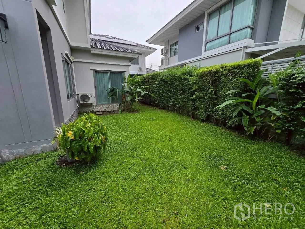独栋房屋 for rent or sale in Lat Krabang, Bangkok - 现代灰色住宅旁的侧院草坪与整齐绿篱。