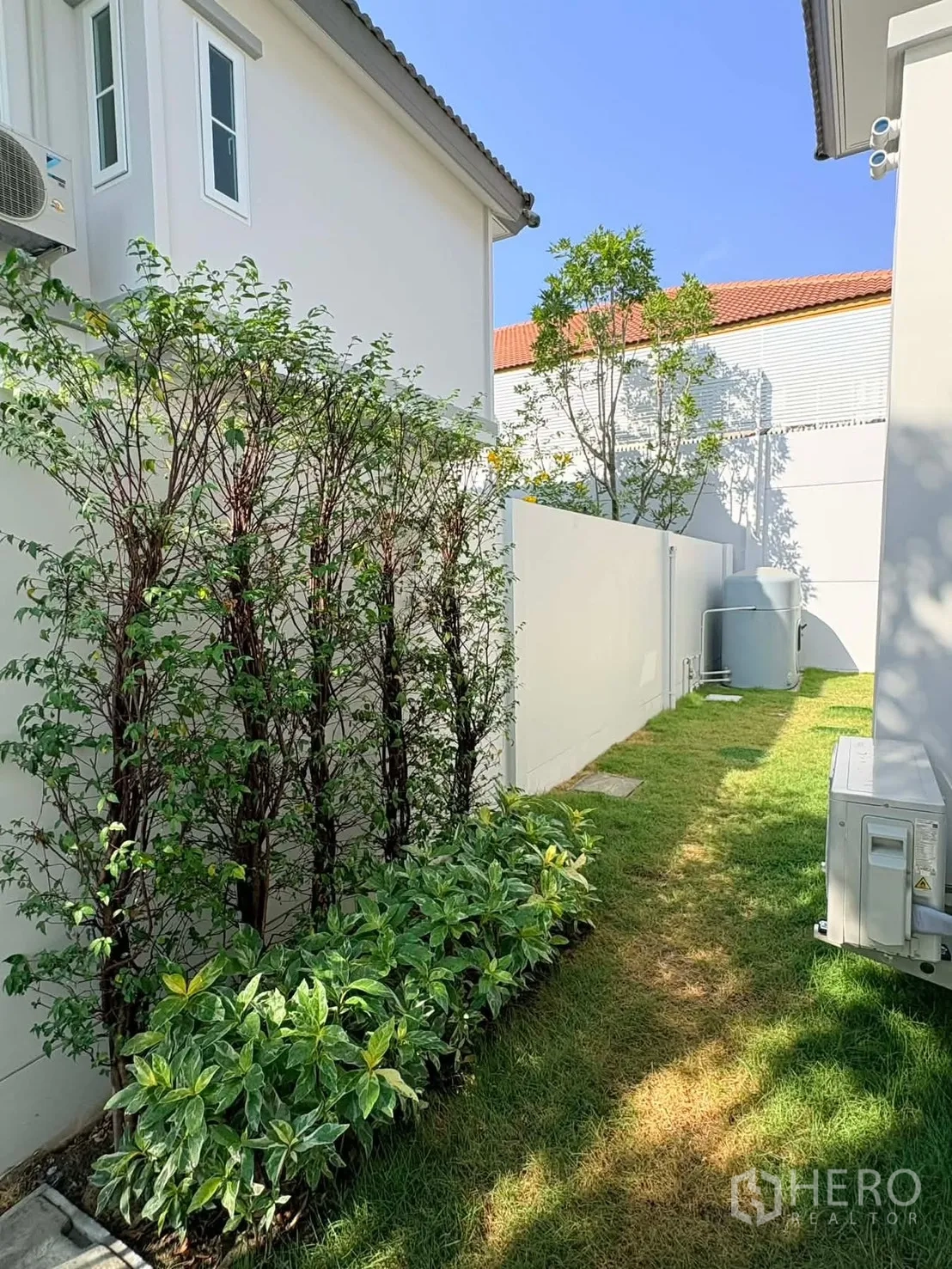 บ้าน for rent in Bang Phli, Samut Prakan - สวนข้างบ้านพร้อมแนวรั้วต้นไม้ สนามหญ้า เครื่องคอมเพรสเซอร์แอร์ และแทงค์น้ำข้างผนังบ้านสีขาว
