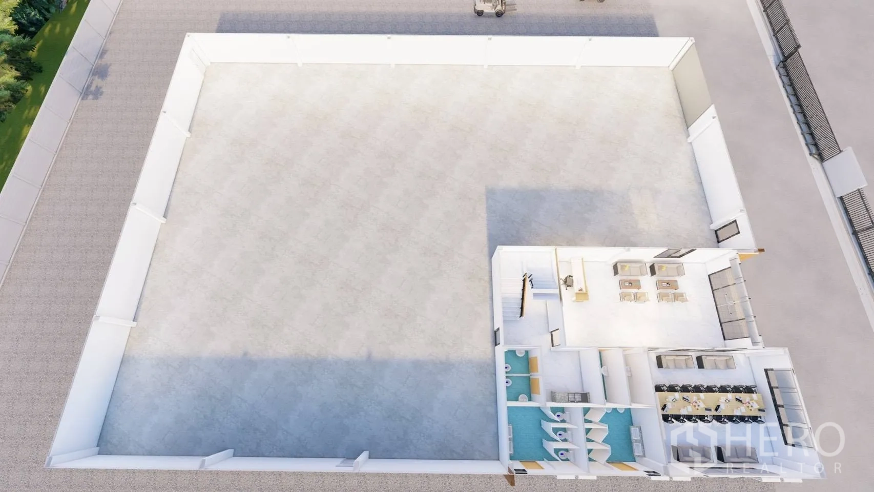 工厂 for rent or sale in Lam Luk Ka, Pathum Thani - 顶视布局图，仓库大厅一角设有办公室、会议室与卫生间。