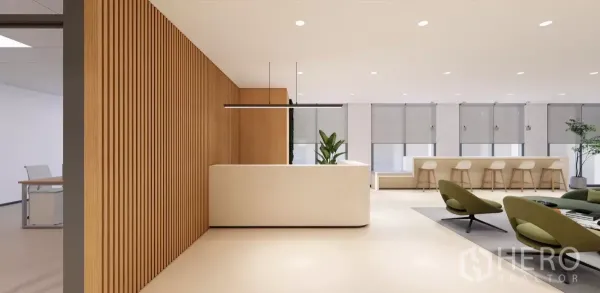Office Space for rent in Huai Khwang, Bangkok - Modern office reception with white counter, wood slat wall and lounge seating beside large windows.