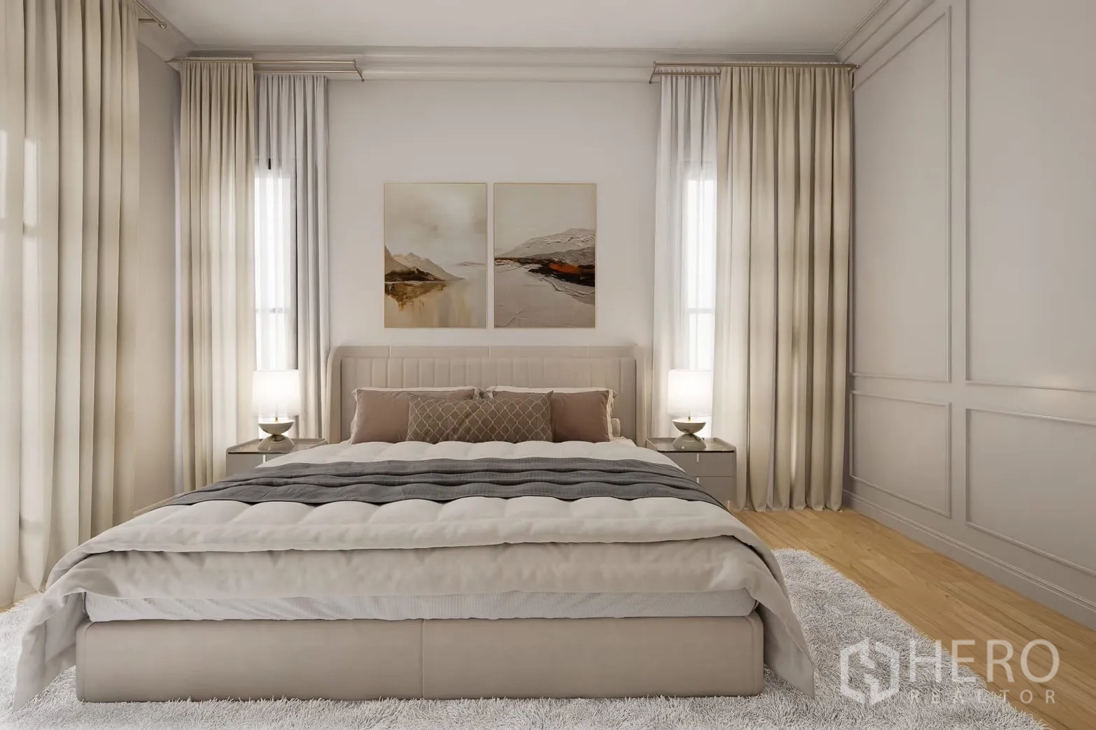 Detached House for rent in Bang Phli, Samut Prakan - Spacious bedroom in neutral tones with bedside lamps.