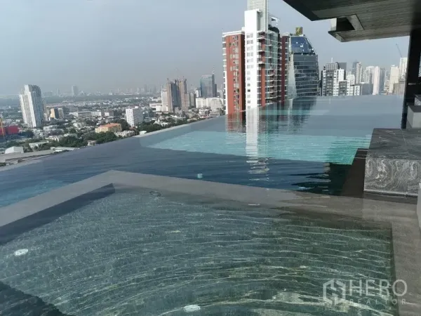 Condominium for sale in Khlong Toei, Bangkok - Rooftop infinity swimming pool with panoramic Bangkok skyline views from a high-rise residence.