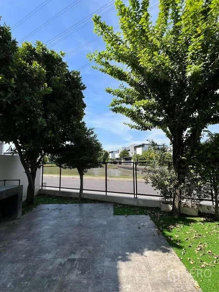 独立式住宅 出租或出售在Bang Phli, Samut Prakan - 前庭铺地与树荫，可透过金属围栏望向街道。