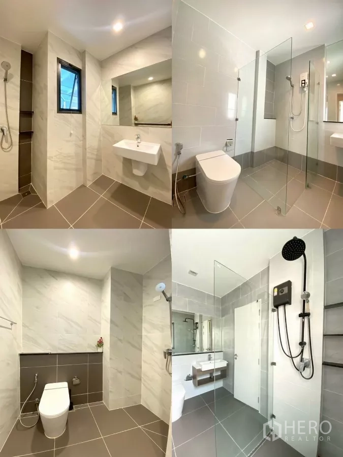 บ้าน ให้เช่าในBang Phli, Samut Prakan - ภาพรวมชุดห้องน้ำสมัยใหม่ มีฉากกั้นอาบน้ำ กระจกเงา และผนังกระเบื้อง
