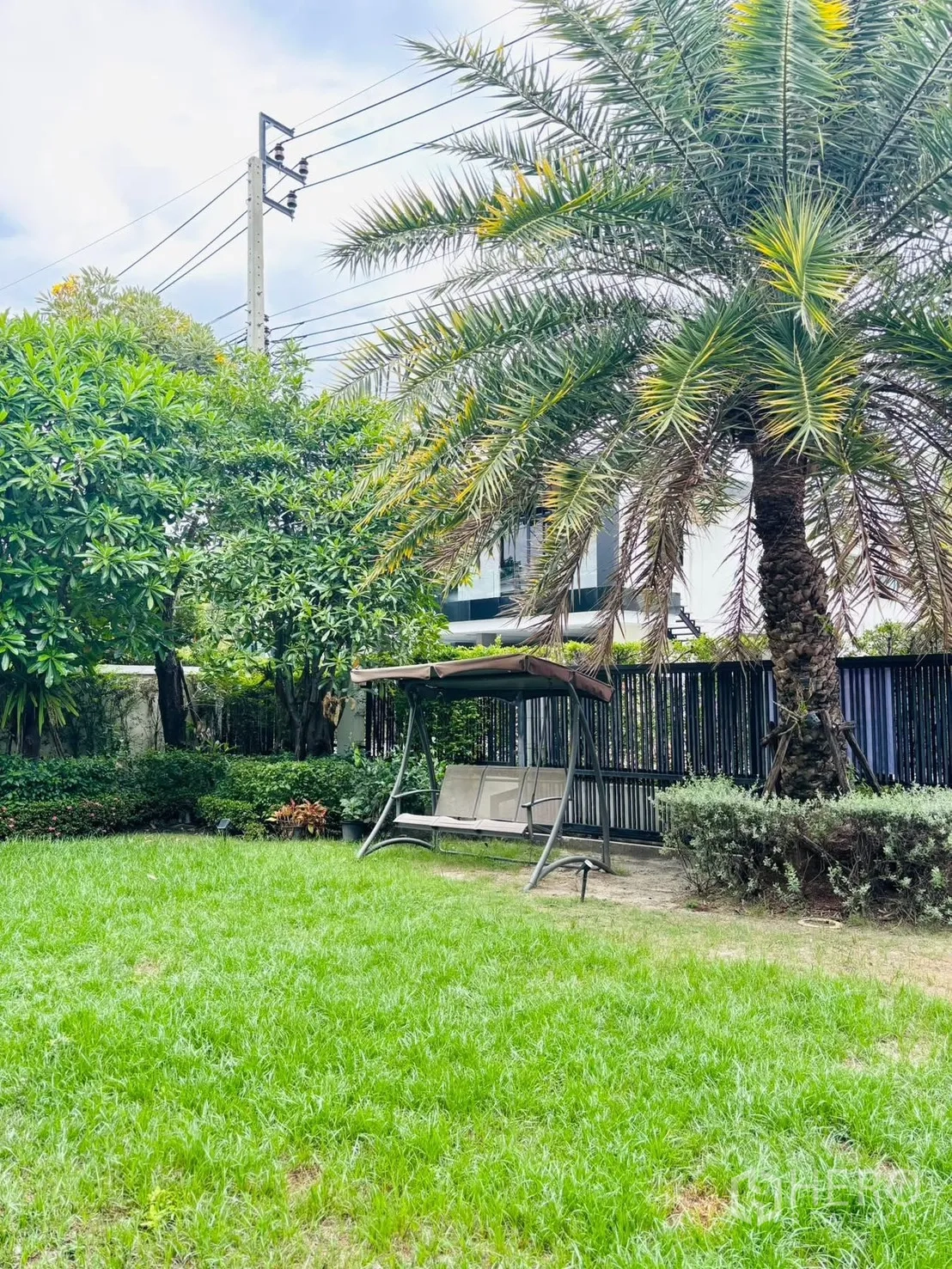 บ้านเดี่ยว for rent in Bang Phli, Samut Prakan - สวนจัดสวยพร้อมสนามหญ้า ต้นปาล์ม และชิงช้าริมรั้ว