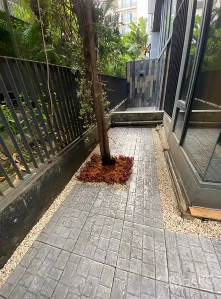 公寓 出租在Watthana, Bangkok - 私家室外庭院，铺装步道、树池与推拉玻璃门