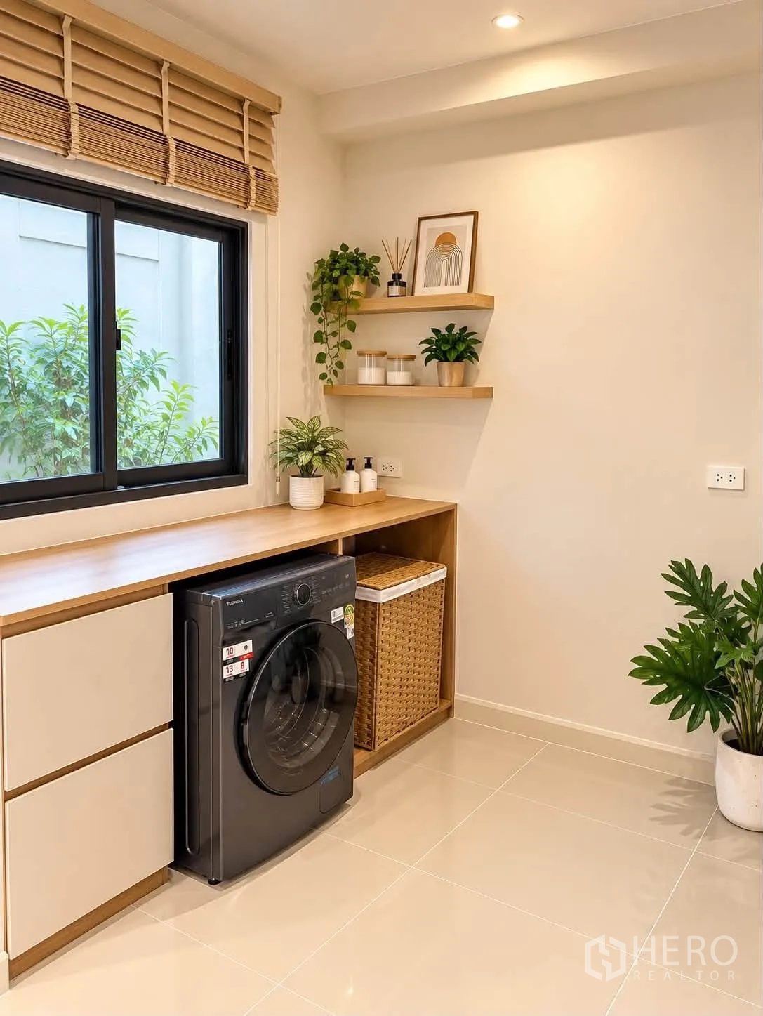 Townhouse for rent in Bang Phli, Samut Prakan - Laundry corner with front-load washer, countertop, shelves, and window.