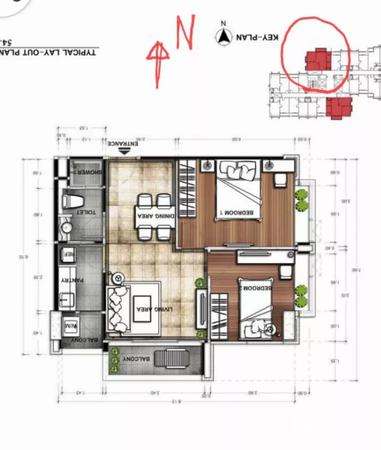 Condominium for rent in Huai Khwang, Bangkok - Floor plan of north-facing 60 sqm corner two-bedroom layout at TC Green.