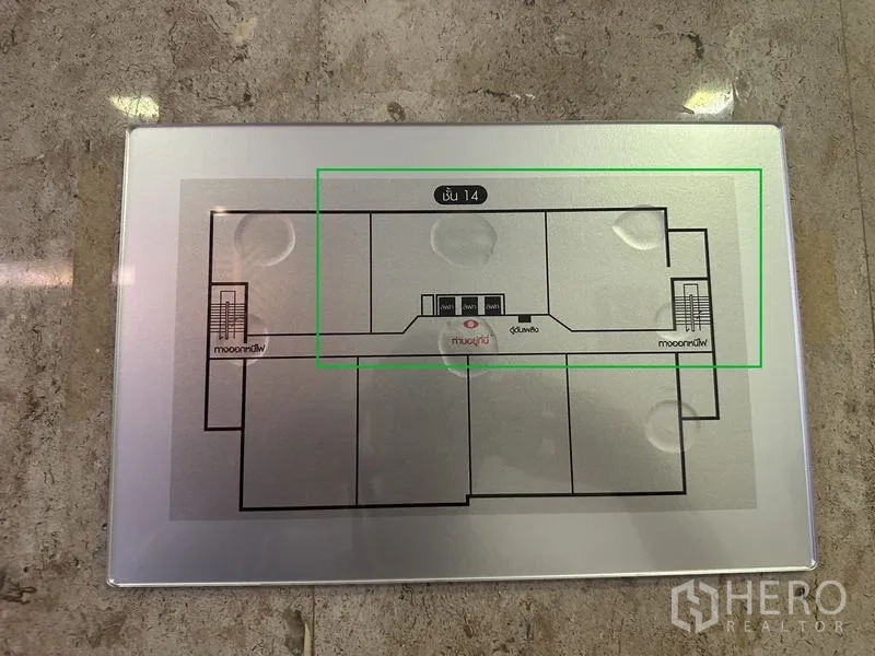 Office Space for rent - Floor plan signage highlighting the unit location on level 14.