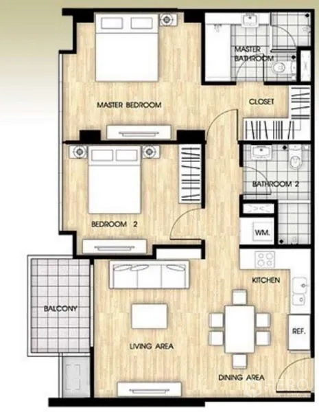 Condominium for rent or sale in Khlong Toei, Bangkok - Floor plan of 84 sqm condo with 2 bedrooms, 2 bathrooms, and balcony.