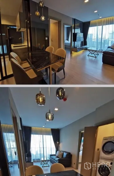 คอนโด ให้เช่าในHuai Khwang, Bangkok - พื้นที่รับประทานอาหารและนั่งเล่นแบบเปิดโล่ง โคมไฟห้อย และครัวกั้นกระจก