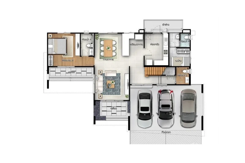 Detached House for sale in Lam Luk Ka, Pathum Thani - Ground-floor plan showing living, dining, bedroom, kitchen and three-car garage layout.