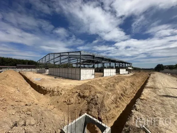 货栈 出租或出售在Nikhom Phatthana, Rayong - 罗勇新建仓库的钢结构在施工中，现场可见土方和沟槽，天空晴朗。