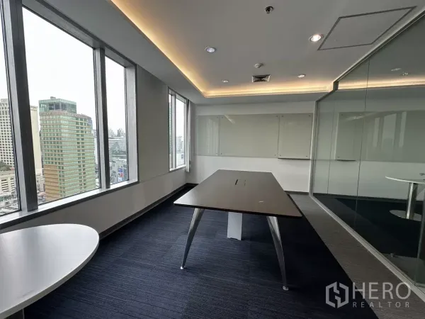 Office Space for rent in Watthana, Bangkok - Small meeting room or private office with modern desk, glass wall, whiteboards and skyline views through tall windows.