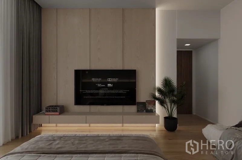 Detached House for rent in Saphan Sung, Bangkok - Bedroom TV wall with floating console and indoor plant.