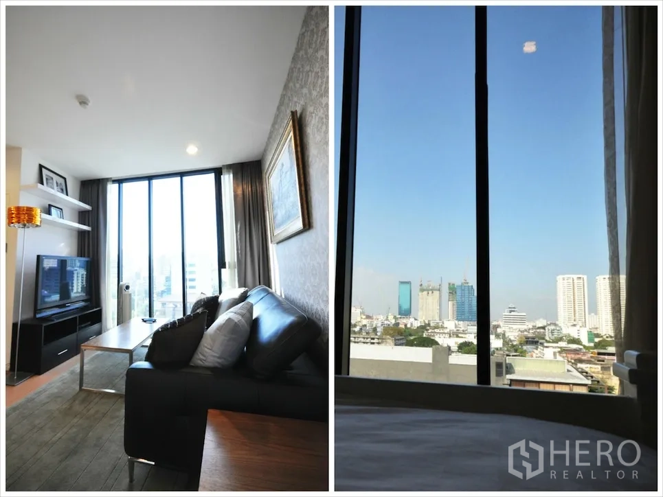 公寓 出租或出售在Watthana, Bangkok - 透过高大窗户可见城市天际线与起居区一角。