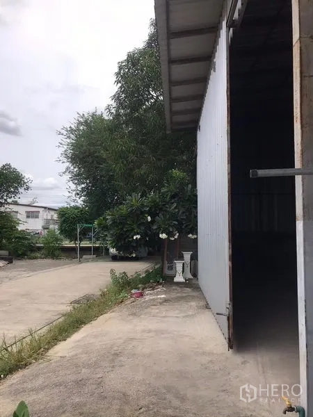 คลังสินค้า ให้เช่าในBang Kapi, Bangkok - ด้านข้างอาคารโกดังผนังเมทัลชีท ประตูบานเลื่อน ทางวิ่งรถ และต้นไม้ร่มรื่น