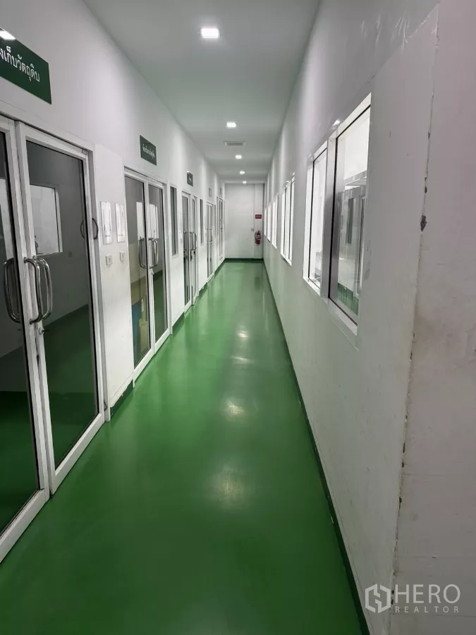 工厂 出售在Lam Luk Ka, Pathum Thani - 洁净工序走廊，绿色环氧地坪，玻璃门与明亮LED照明。