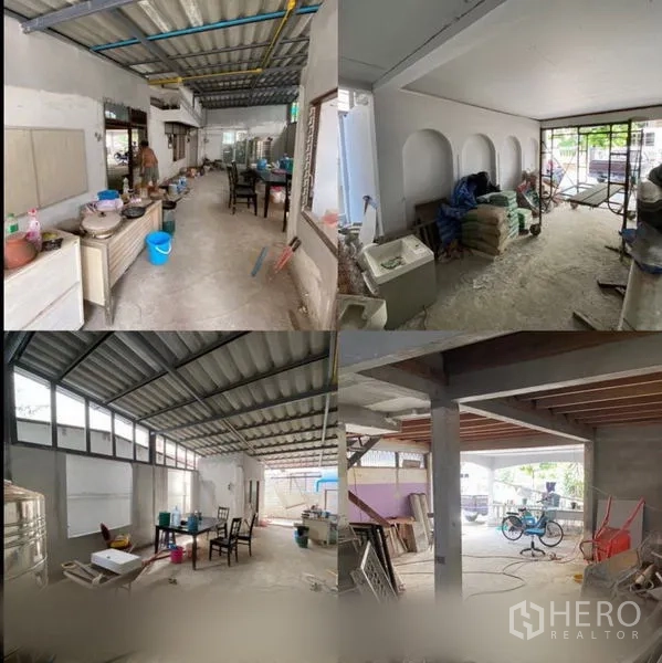 带办公室的家 出租在Suan Luang, Bangkok - 开放式房间，拱形装饰墙，混凝土地面与临街大玻璃正在整修。