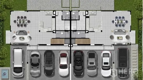 บ้าน ขายในPrawet, Bangkok - ผังชั้นล่างแสดงพื้นที่นั่งเล่น-ทานอาหารแบบเปิดโล่ง โซนครัว และช่องจอดรถด้านหน้า