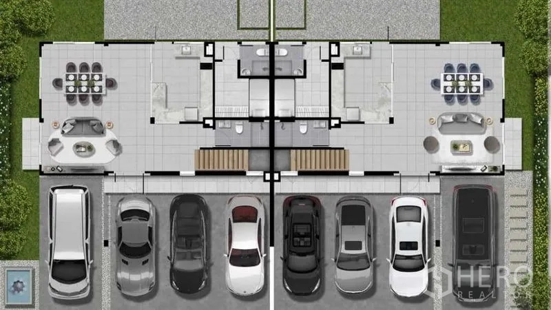 บ้าน ขายในPrawet, Bangkok - ผังชั้นล่างแสดงพื้นที่นั่งเล่น-ทานอาหารแบบเปิดโล่ง โซนครัว และช่องจอดรถด้านหน้า