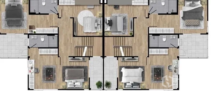 บ้าน ขายในPrawet, Bangkok - ผังชั้นสองแสดงห้องนอนหลายห้องพร้อมห้องน้ำในตัวและตู้เสื้อผ้า