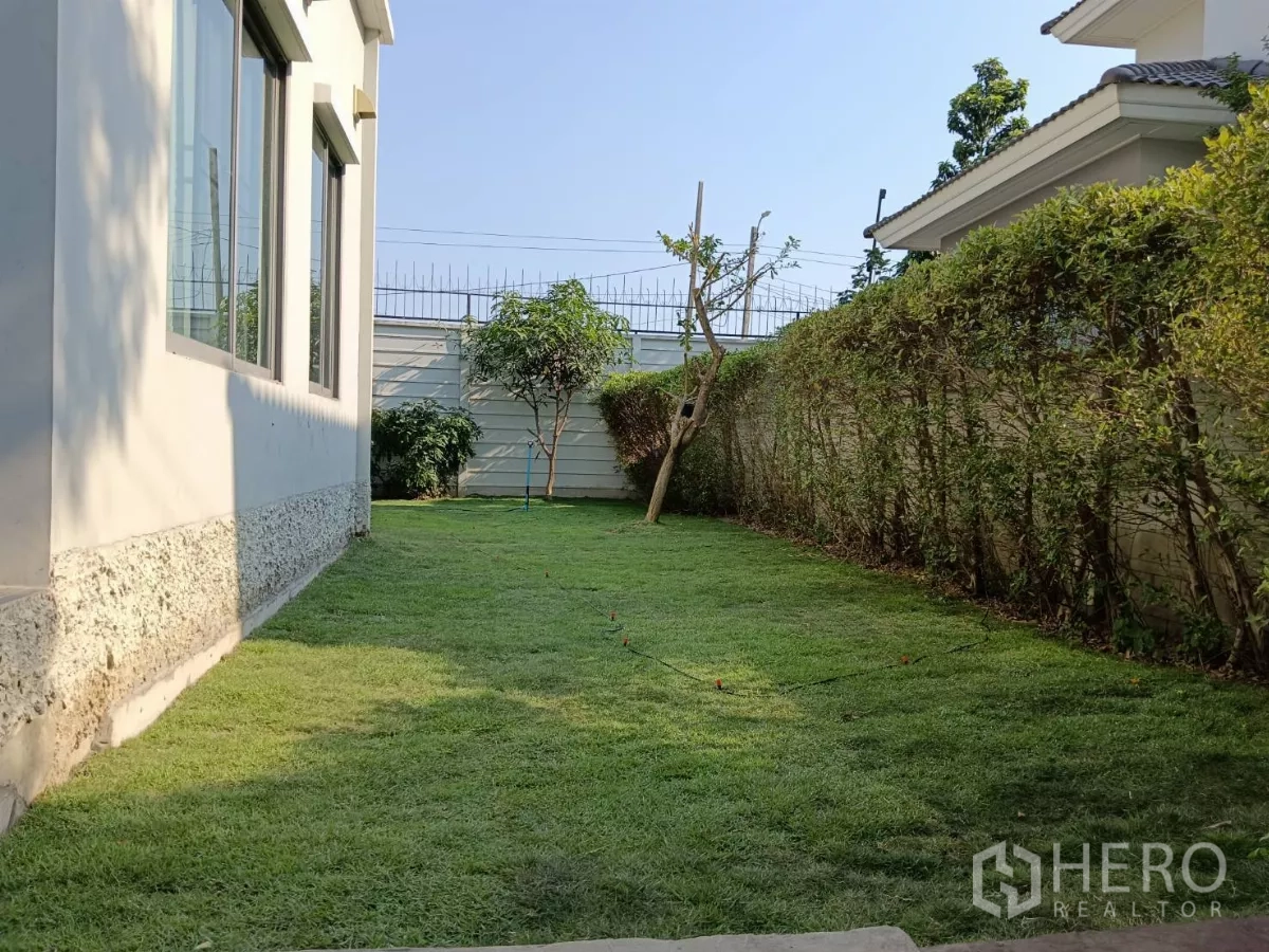独立式住宅 出售在Lat Krabang, Bangkok - 侧院绿地，私密高绿篱与小乔木。
