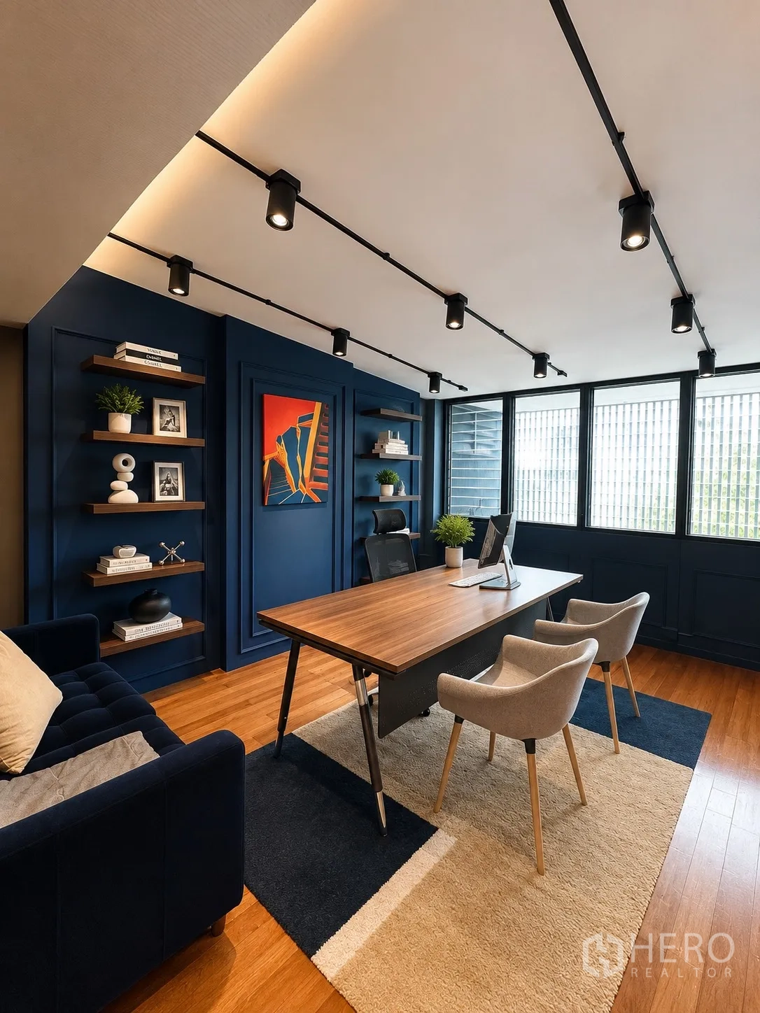 Office Space for rent in Phaya Thai, Bangkok - Executive office with wood desk, two guest chairs, and track lighting.