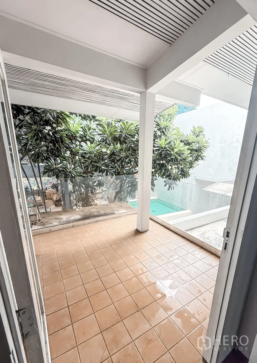 Home Office for rent in Watthana, Bangkok - Covered tiled terrace with white columns, greenery, and a glass balustrade overlooking a pool.