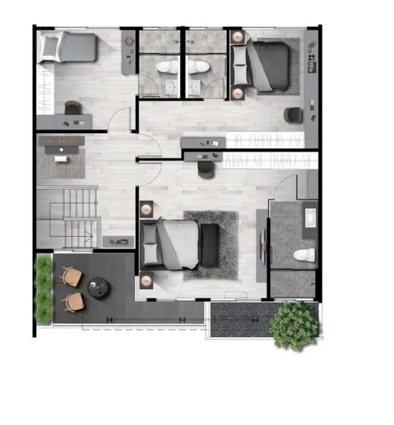 Townhouse for rent in Samut Prakan - Second-floor plan showing three bedrooms, bathrooms and balcony layout.