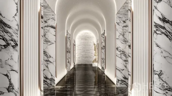 Condominium for rent - Marble-clad corridor with arched ceiling and contemporary lighting in an upscale condominium.