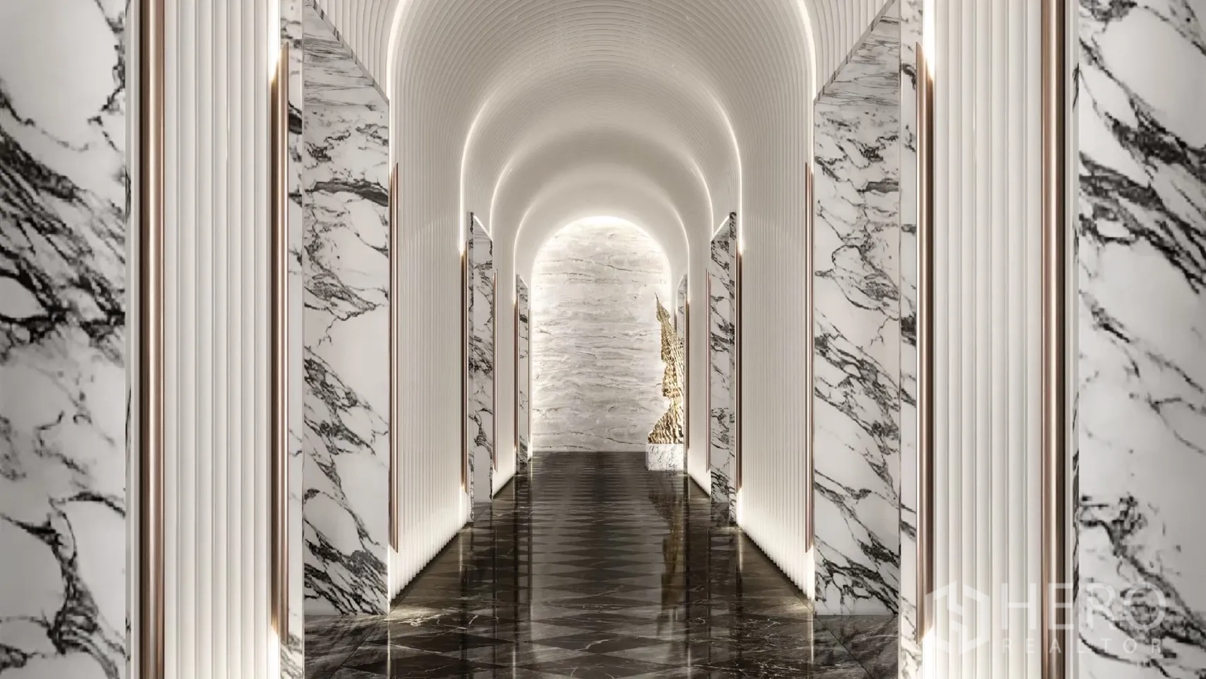 Condominium for rent - Marble-clad corridor with arched ceiling and contemporary lighting in an upscale condominium.