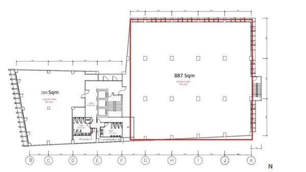 Office Space for rent in Bang Rak, Bangkok - Floor plan showing an 887 sqm usable office area outlined for leasing.