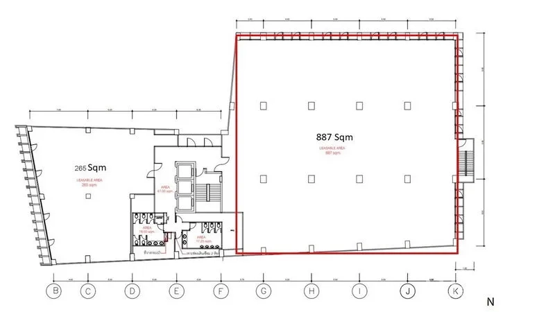 Office Space for rent in Bang Rak, Bangkok - Floor plan showing an 887 sqm usable office area outlined for leasing.