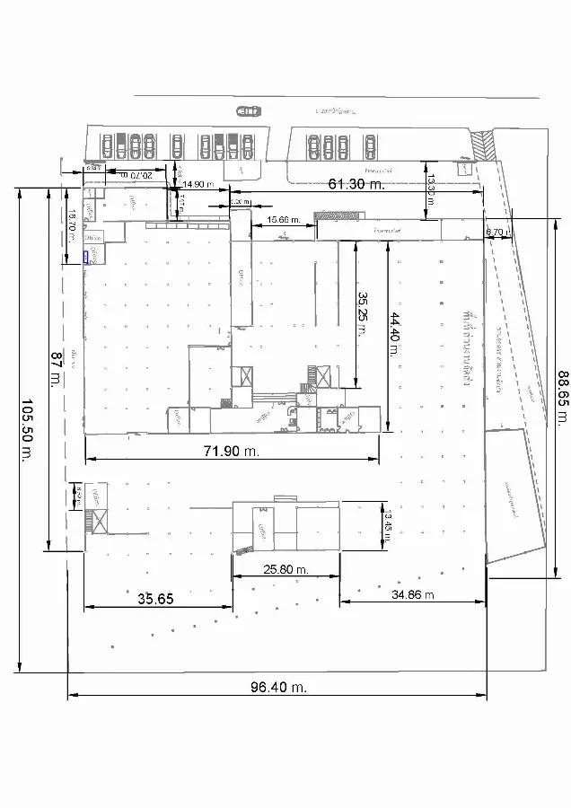 Factory for rent in Mueang Samut Sakhon, Samut Sakhon - Factory site plan layout showing dimensions, parking and building zones.