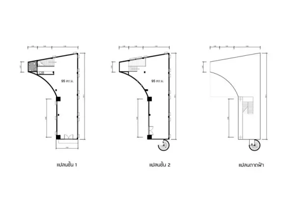 Office Space for rent in Khlong Toei, Bangkok - Black-and-white floor plans showing two 95-sqm office levels and a rooftop layout with measurements.