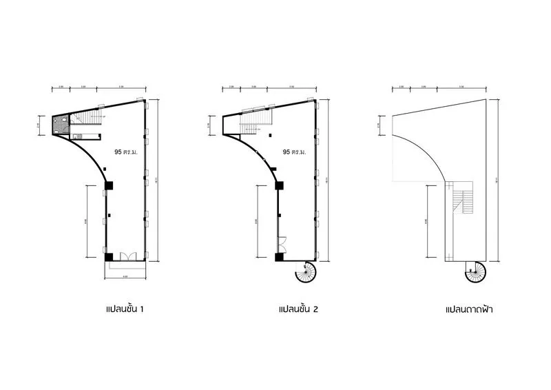 Office Space for rent in Khlong Toei, Bangkok - Black-and-white floor plans showing two 95-sqm office levels and a rooftop layout with measurements.