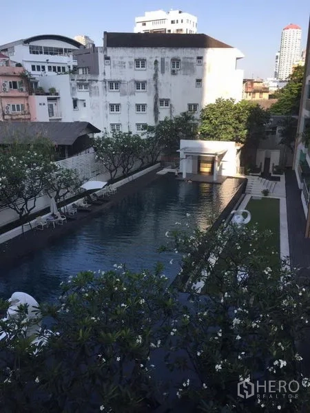 Condominium for sale in Khlong Toei, Bangkok - Long outdoor swimming pool with sun loungers surrounded by frangipani trees.