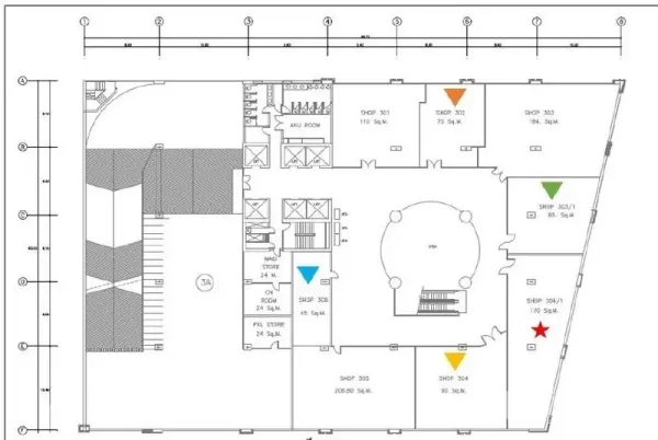 Office Space for rent in Phaya Thai, Bangkok - Floor plan of the commercial level showing lifts, restrooms and the 85 sqm unit location within the building.