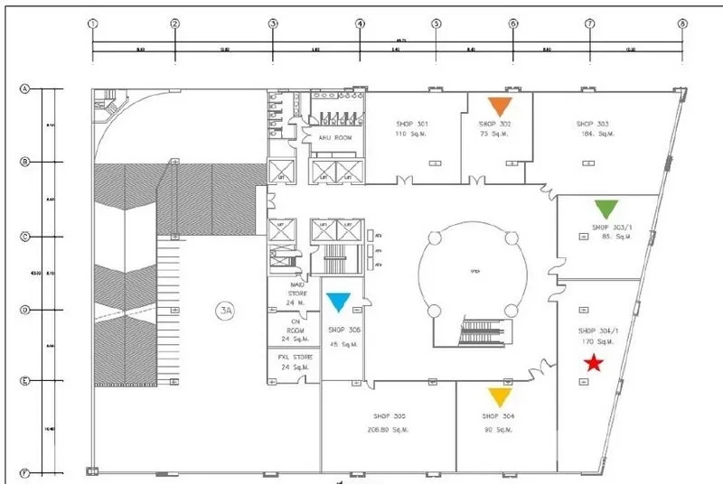 Office Space for rent in Phaya Thai, Bangkok - Floor plan of the commercial level showing lifts, restrooms and the 85 sqm unit location within the building.