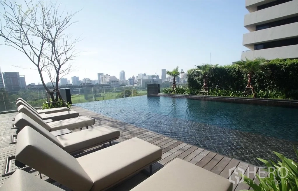 Condominium for rent in Pathum Wan, Bangkok - Pool terrace with sun loungers and city skyline behind a glass balustrade.