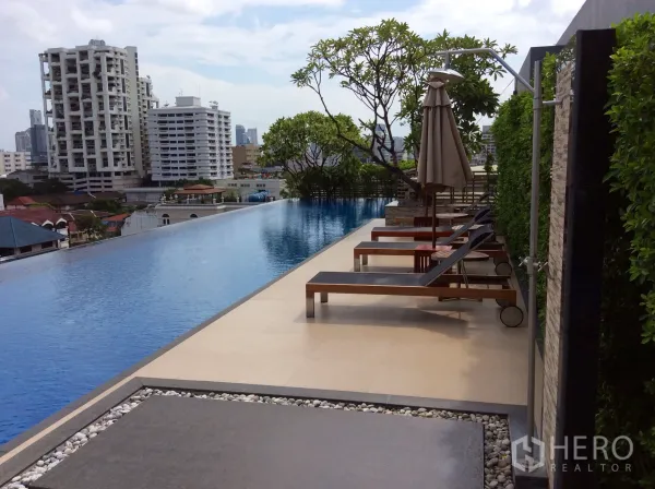 Condominium for rent or sale in Khlong Toei, Bangkok - Rooftop infinity pool with sun loungers and umbrellas overlooking the Bangkok city skyline at a modern condominium.