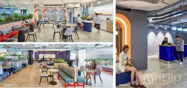 办公室 for rent in Bang Rak, Bangkok - 拼图展示彩色休闲区、茶水间与现代接待台。