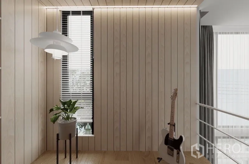Detached House for rent in Saphan Sung, Bangkok - Loft corner with vertical window, pendant lamp, plant stand and guitar.
