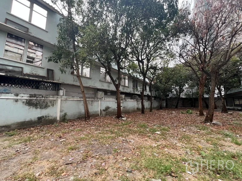 Land for rent in Watthana, Bangkok - Shaded section of the site with trees beside neighboring low-rise blocks.