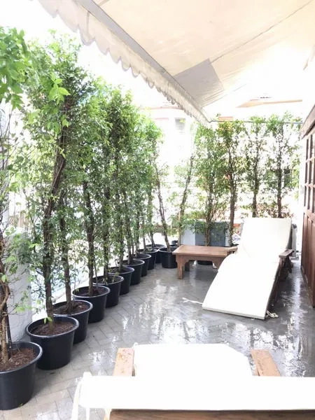 Detached House for rent in Phra Khanong, Bangkok - Covered terrace lined with potted trees, an awning, bench, and a sun lounger.